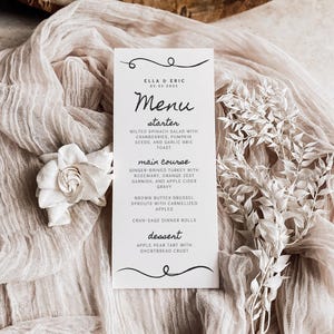 Modelo de menu de casamento para tema minimalista clássico, menu de jantar desenhado à mão em preto e branco, design vintage simples e caprichoso, 4x9