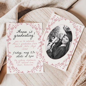 Graduation Party Invitation Template with Photo, Hand Drawn Graduation Announcement with Pink Floral Border, Boho Grad Invite, Class of 2024