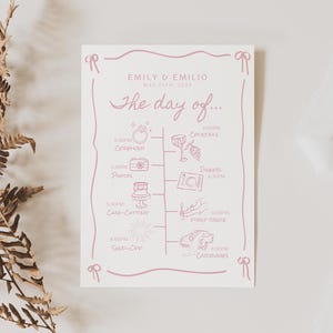 Handgetekende bruiloft tijdlijnsjabloon met pictogrammen, roze strik kaart grillige volgorde van gebeurtenissen, afdrukbare dag van details, romantisch coquette ontwerp