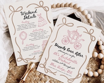 Pink Princess Bachelorette Invitation - Hand-Drawn Fairytale Canva Template