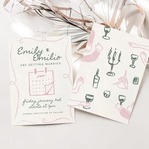 Spaß, schrullig Hochzeit Save the Date Vorlage mit rosa und grünen Design, skurrile handgezeichnete Illustrationen, bearbeitbarer eleganter Vintage-Stil