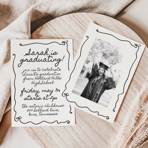 Graduation Party Invitation Template with Photo, Hand Drawn Grad Announcement with Vintage Style Bow Border, Modern Boho Invite, Class 2024