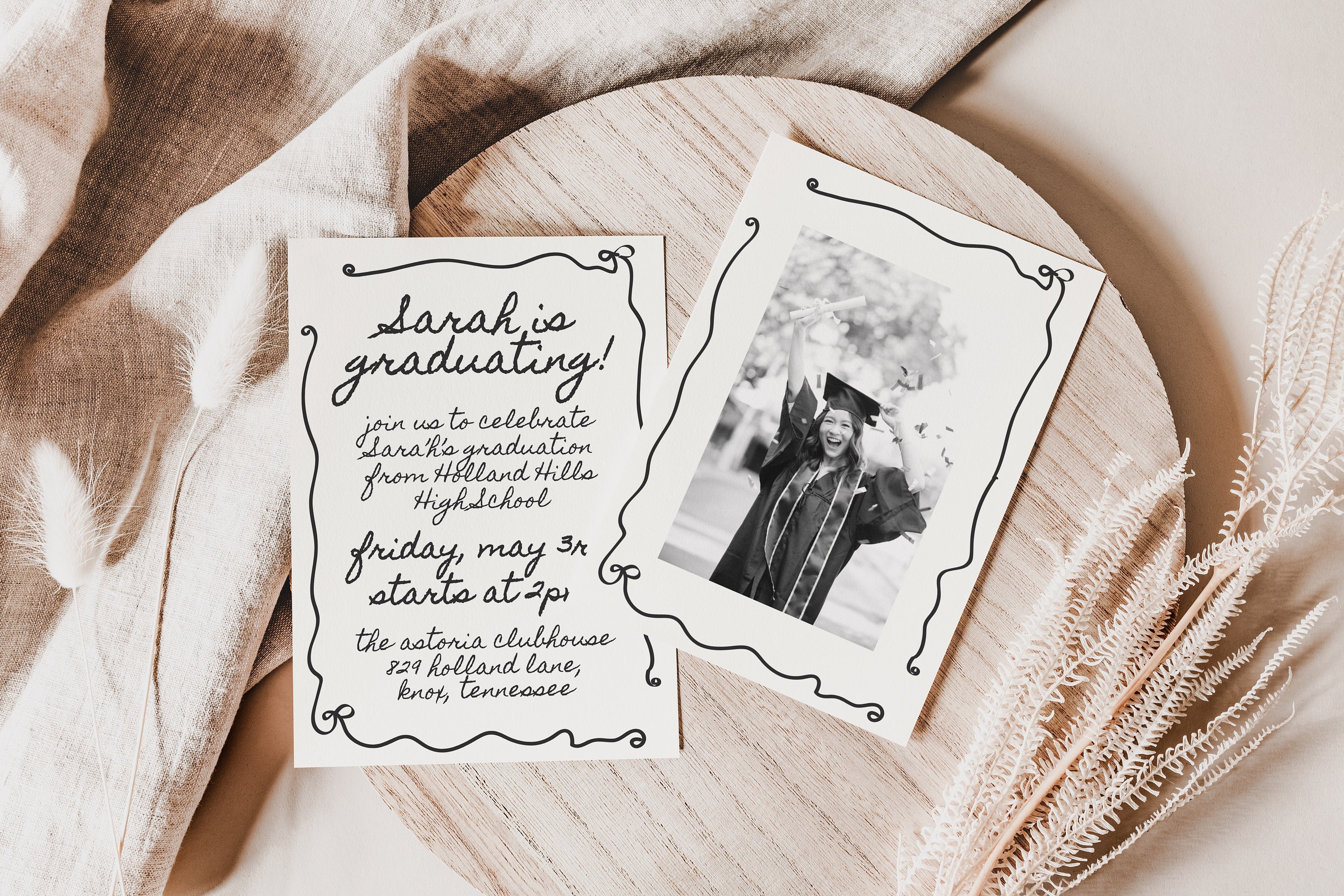 Graduation Party Invitation Template With Photo, Hand Drawn Grad  Announcement With Vintage Style Bow Border, Modern Boho Invite, Class 2024  - Etsy, image size:3000x2000