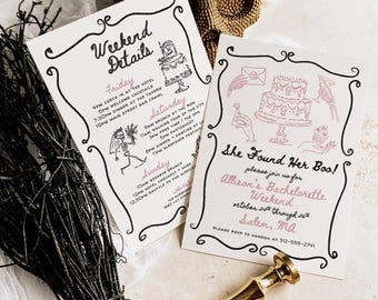 Bachelorette Invitation: Pink Goth Halloween Doodles (Hand Drawn Canva Template)