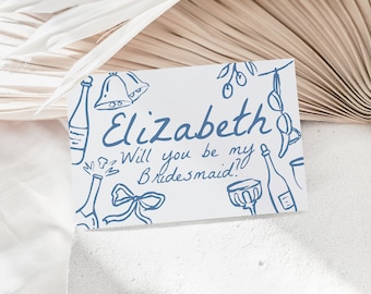 Blue Bridesmaid Proposal Card Template with Hand Drawn Doodles, Printable Will You Be My Bridesmaid Invite, Unique Maid of Honor Design