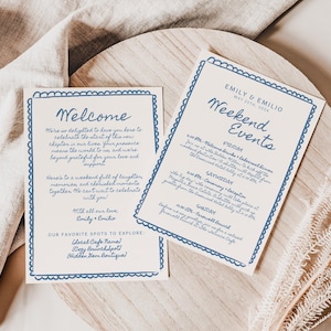 Carta de bienvenida a la boda dibujada a mano y plantilla de eventos de fin de semana, tema de boda costero caprichoso, tarjeta de orden de eventos, itinerario de fin de semana azul