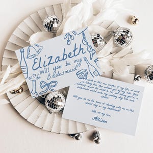 Light Blue Bridesmaid Proposal Card Template with Hand Drawn Doodle, Printable Unique Maid of Honor Invite, Coastal Wedding Theme Boho Style