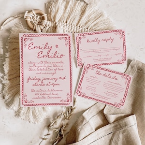 Ensemble de modèles de suites de faire-part de mariage italiens vintage dessinés à la main avec bordure festonnée rouge rose, design romantique, détails RSVP modifiables, CQ1