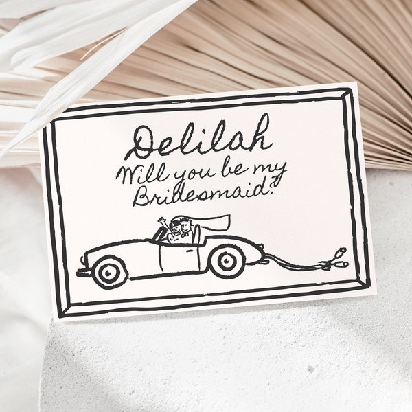Bridesmaid Proposal Card Template with Hand Drawn Wedding Car Doodle, Printable Will You Be My Bridesmaid, Editable Maid of Honor Invite