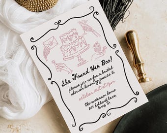 She Found Her Boo Bridal Shower Invite - Hand-Drawn Gothic Skeleton Design