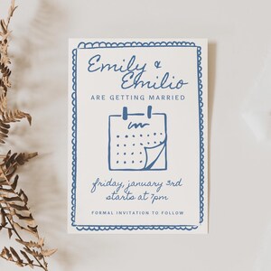 Save the Date Template with Blue and White Scalloped Border, Whimsical Hand Drawn Wedding Calendar Illustration, Editable Handwritten Design