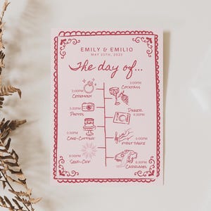 Plantilla de cronología de boda dibujada a mano con íconos, tarjeta de orden de eventos caprichosa en rosa y rojo, detalles del día imprimibles, diseño de corazones románticos