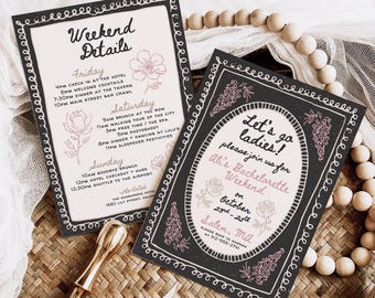 Black Floral Bachelorette Invitation: Hand Drawn Botanical Design, Pink Accents