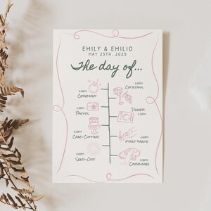 Handgetekende bruiloft tijdlijnsjabloon met pictogrammen, leuke eigenzinnige kaart met volgorde van gebeurtenissen, afdrukbare dag van details, roze groen lente vintage design