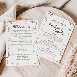 Carta de bienvenida a la boda dibujada a mano y plantilla de eventos de fin de semana, boda floral de primavera, tarjeta de orden de eventos, itinerario de fin de semana en rosa y verde