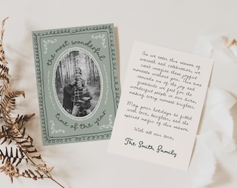Hand Drawn Holiday Card Template: Green Holly Border, Editable Photo