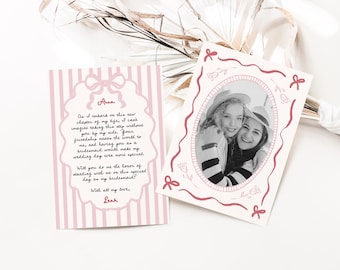 Bridesmaid Proposal Card, Red Pink Bow, Hand-Drawn Doodles (Editable Canva)