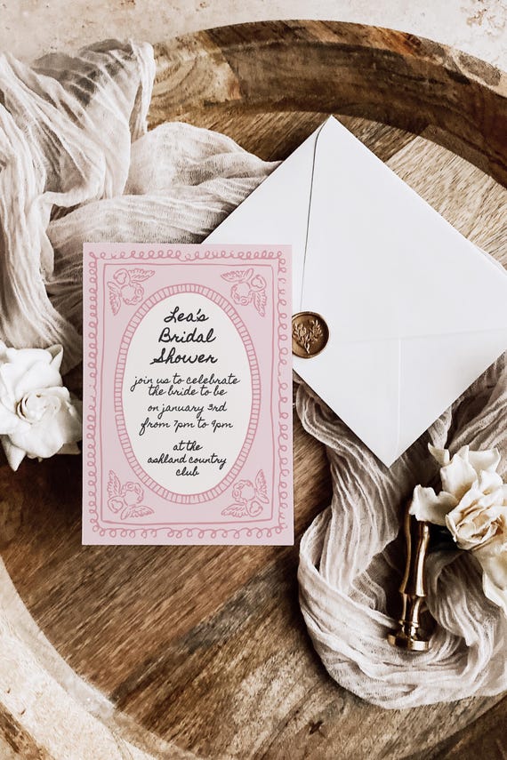 Pink Angel Cherub Bridal Shower Invite - Hand Drawn Canva Template