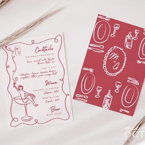 Cocktail Menu Template for Italian Wedding Theme, Hand Drawn Dinner Party Menu with Martini Girl Illustration, Vintage Style, Classic Design