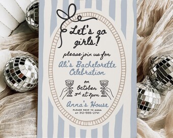 Bachelorette Party Invitation, Blue Stripes, Bow Border (Editable Canva Template)