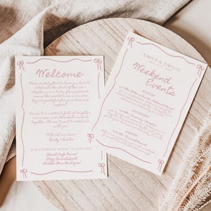 Carta de bienvenida a la boda dibujada a mano y plantilla de eventos de fin de semana, tema de boda vintage suave y coqueta, tarjeta de orden de eventos, itinerario de lazo rosa