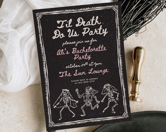 Dancing Skeletons Bachelorette Invitation: Hand-Drawn Black Pink Gothic