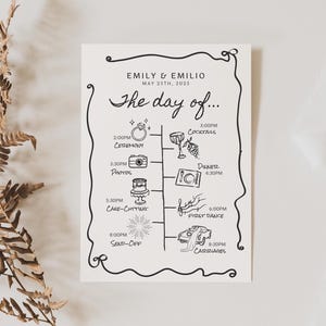 Plantilla de cronología de boda dibujada a mano con íconos, tarjeta de orden de eventos minimalista moderna, detalles del día imprimibles, diseño vintage en blanco y negro
