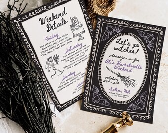 Halloween Bachelorette Invitation: Hand-Drawn Purple Bats (Canva Template)