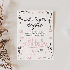Floral Rehearsal Dinner Invitation Template, The Night Before, Hand Drawn Editable Spring Fairytale Wedding Rehearsal Invite, Pink Flowers