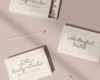 Hand Drawn Matchbook Template, Whimsical Quirky Fun Wedding Favor Matches, Custom Match Box Label, Boho Pink Green Vintage Party, Ribbon Bow