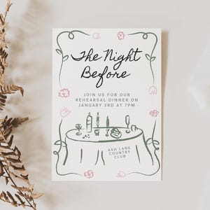 Floral Rehearsal Dinner Invitation Template, The Night Before, Hand Drawn Editable Spring Fairytale Wedding Rehearsal, Pink Green Flowers