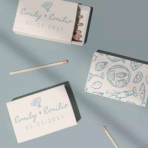 Hand Drawn Matchbook Template, Coastal Destination Wedding Favor Matches, Custom Oyster Seashell Matchbox Label, Blue White Boho Party Favor