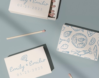 Hand Drawn Matchbook Template, Coastal Destination Wedding Favor Matches, Custom Oyster Seashell Matchbox Label, Blue White Boho Party Favor