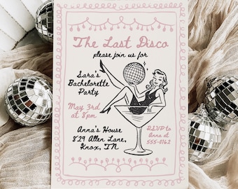 Bachelorette Invitation, Pink Disco, Hand-Drawn Style (Editable Canva Template)