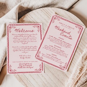Handgetekende bruiloft welkomstbrief en weekend evenementen sjabloon, coquette romantisch bruiloftsthema, volgorde van evenementen kaart, roze rode strik route