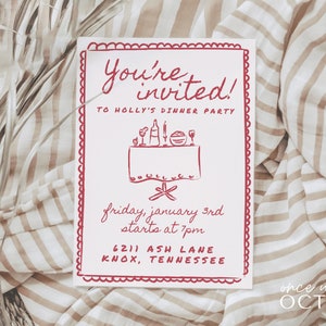 Vintage Dinner Party Invitation Template, Editable Cafe Table Style Cocktail Party Invite, Hand Drawn Food Illustrations, Red Italian Theme