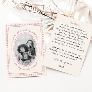 Bonita, por favor, sé mi plantilla de tarjeta de propuesta de dama de honor con foto, garabato rosa imprimible ¿Quieres invitar a dama de honor, lindo estilo vintage?