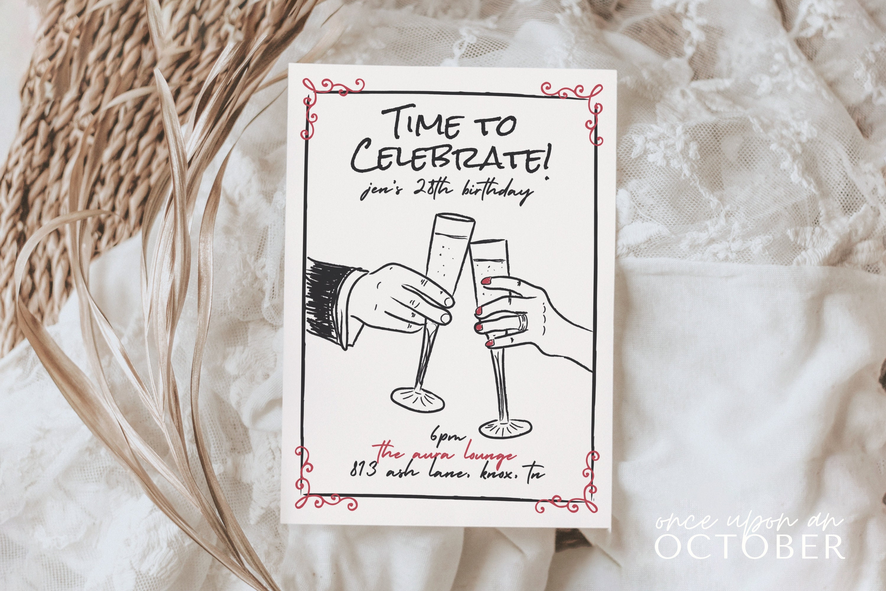 Printable Cocktail Party Invitation Template With Champagne Cheers Illustration, Vintage Style ...