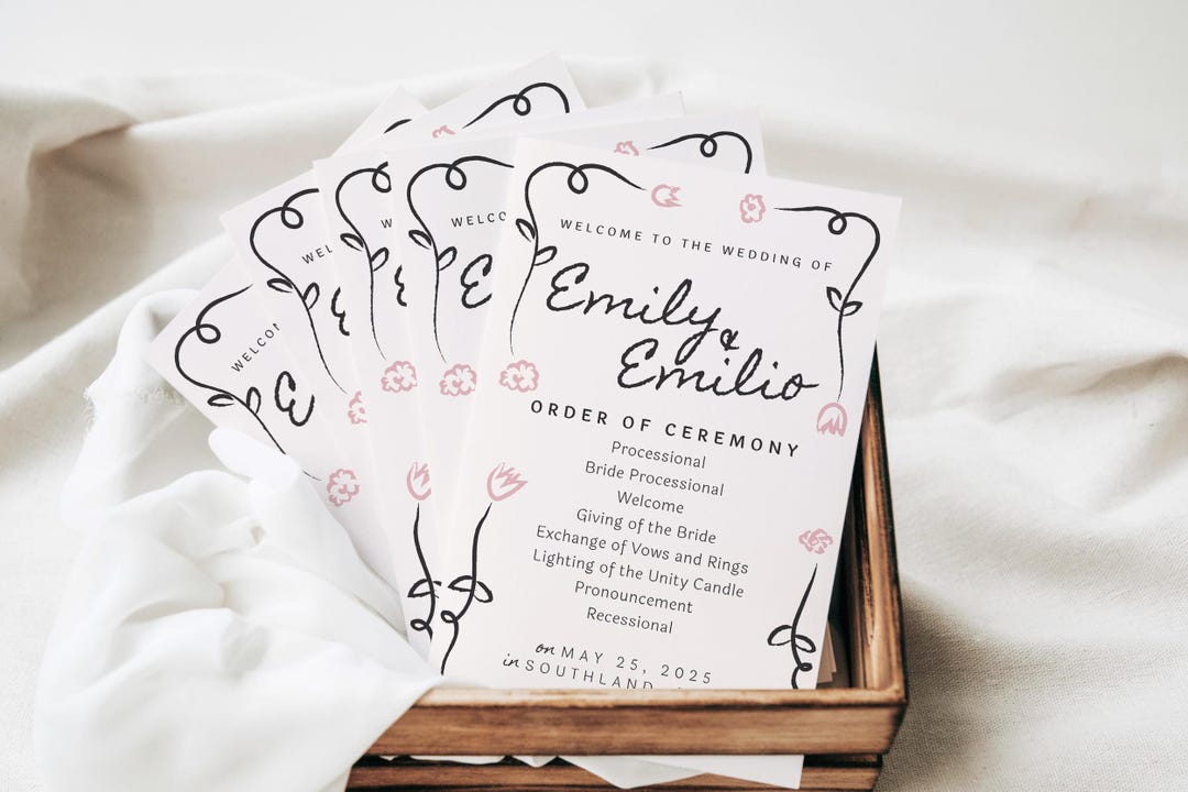 Hand Drawn Wedding Program Template for Whimsical Romantic Wedding ...
