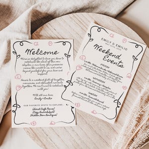 Carta de boas-vindas de casamento desenhada à mão e modelo de eventos de fim de semana, tema de casamento de primavera boho, cartão de ordem de eventos, itinerário de fim de semana com flores