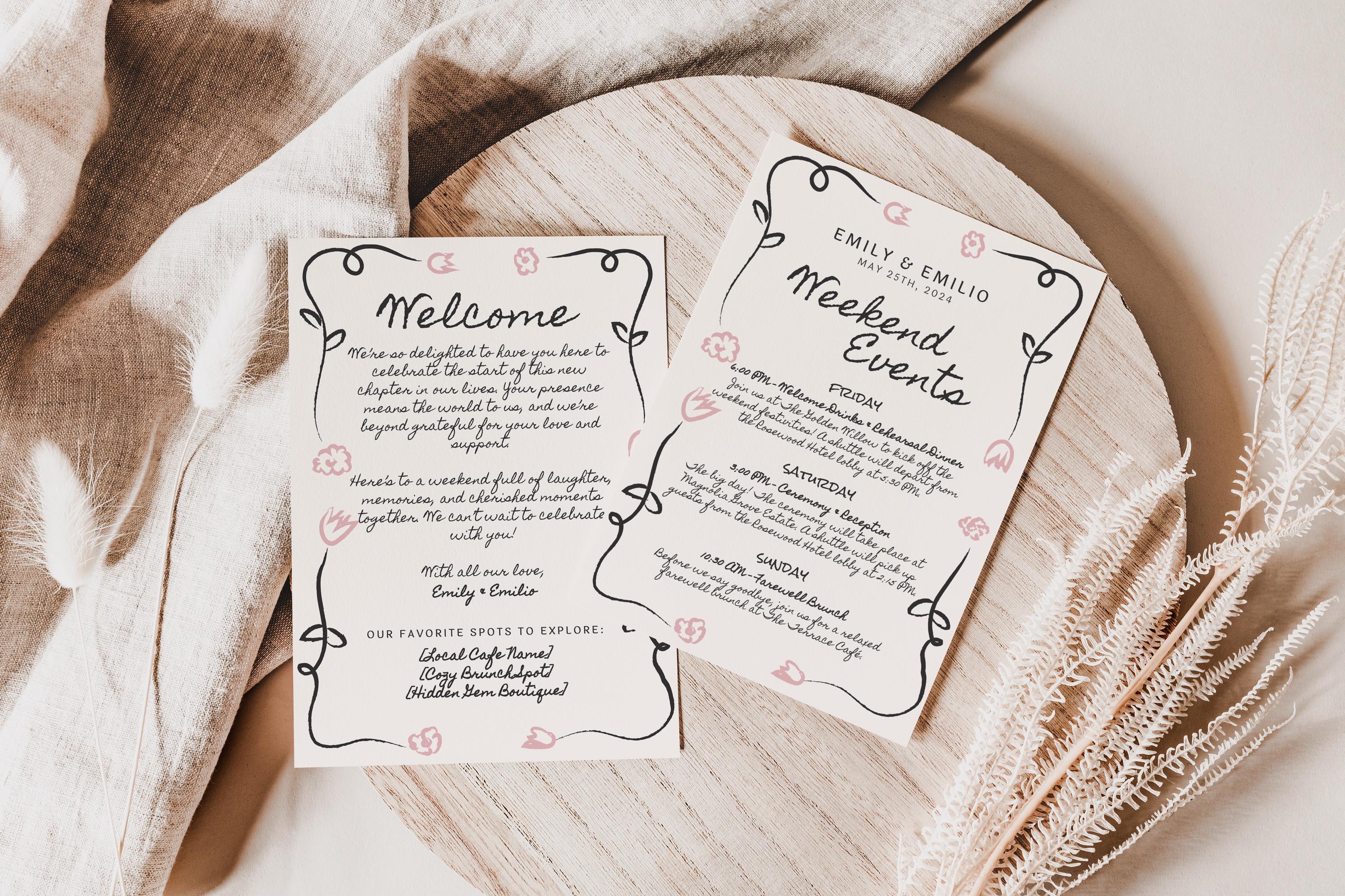 Hand Drawn Wedding Welcome Letter and Weekend Events Template, Boho Spring Wedding Theme, Order of Events Card, Flowers Weekend Itinerary