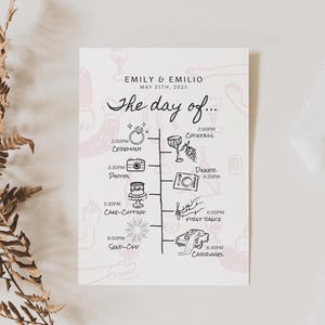 Modelo de cronograma de casamento desenhado à mão com ícones, cartão de ordem de eventos vintage boho, detalhes do dia para impressão, design minimalista moderno