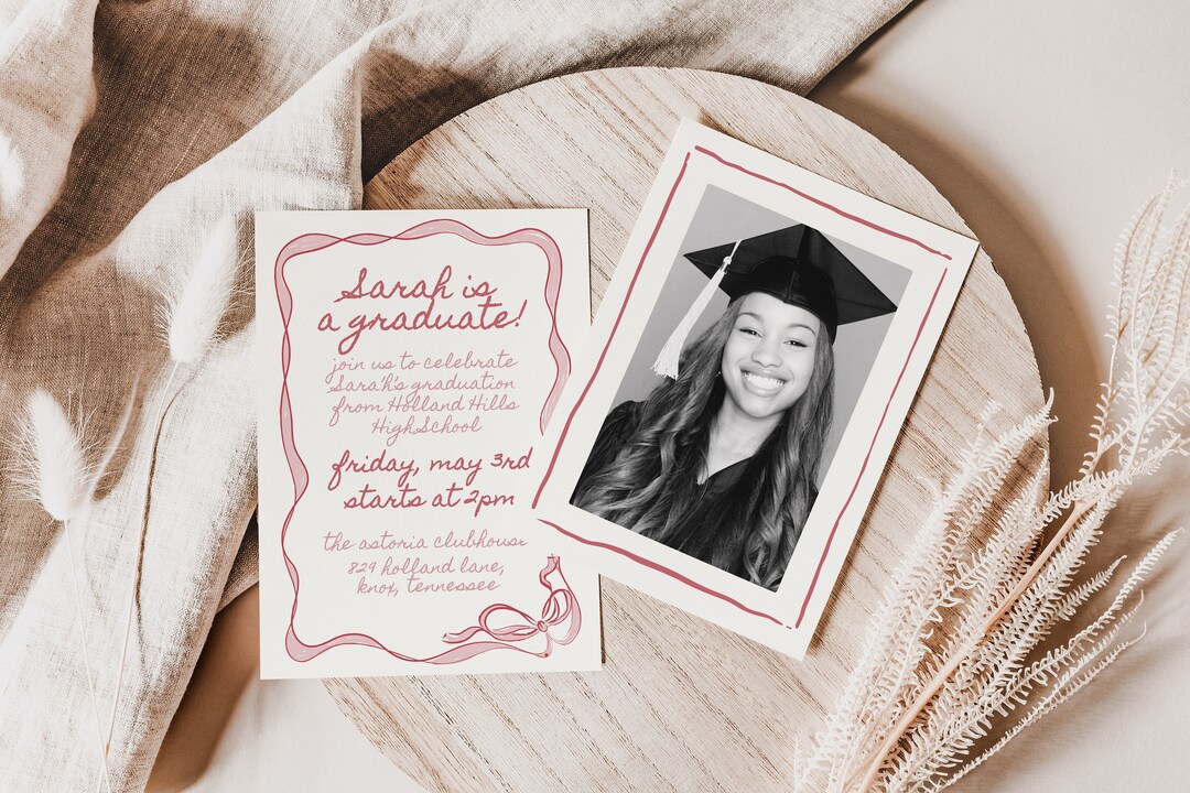 Boho Graduation Party Invitation Template With Photo With Pink Bow ...