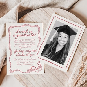 Boho Graduation Party Invitation Template with Photo with Pink Bow Border, Hand Drawn Vintage Grad Announcement for Her, Class 2024, Canva