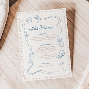 Menu Template for Coastal Beach Wedding Theme, Hand Drawn Fun Summer Dinner Party, Quirky Oyster Seashell Scribble Doodle Illustrations