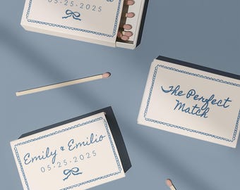 Hand Drawn Matchbook Template, Whimsical Wedding Favor Matches, Custom Match Box Label, Boho Minimalist Party Favor, Blue White Coastal Bow
