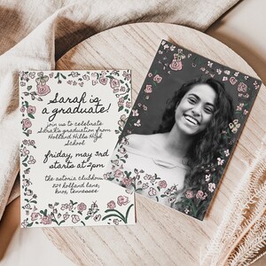 Class of 2024 Graduation Party Invitation Template - Vintage Floral Border, Photo Insert, Hand Drawn Grad Announcement, Canva Template