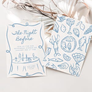 Coastal Rehearsal Dinner Invitation Template, The Night Before, Hand Drawn Destination Wedding Rehearsal Invite, Oyster Seafood Island Beach