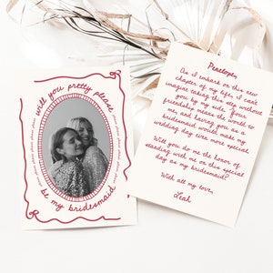 Modello per biglietto di proposta di damigella d'onore Pretty Please Be My, con foto, invito stampabile con fiocco in nastro rosso e bordo da damigella d'onore, vintage minimalista