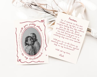 Pretty Please Be My Bridesmaid Proposal Card Template with Photo, Red Ribbon Bow Border Printable Maid of Honor Invite, Minimalist Vintage